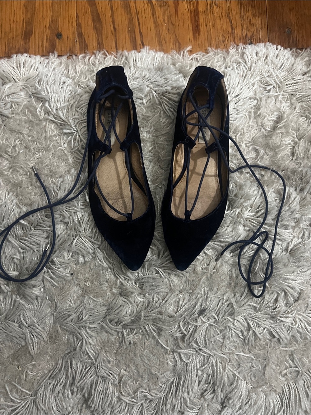 Steve Madden Women's Navy Velvet Lace-Up Pointed Velvet Flats in Navy